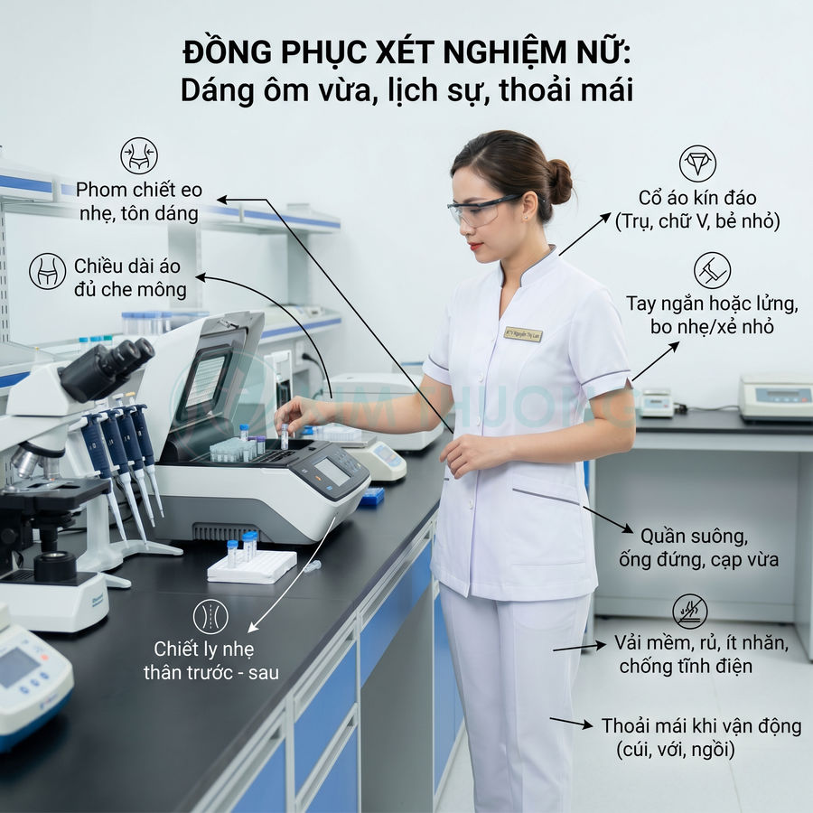 Đồng phục xét nghiệm nữ màu trắng dáng ôm vừa, cổ kín tay ngắn, quần suông trong phòng thí nghiệm