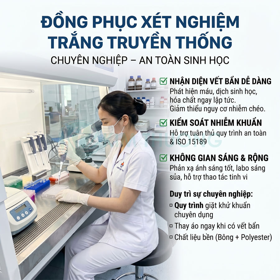 Nhân viên xét nghiệm mặc đồng phục trắng truyền thống làm việc trong phòng lab an toàn sinh học