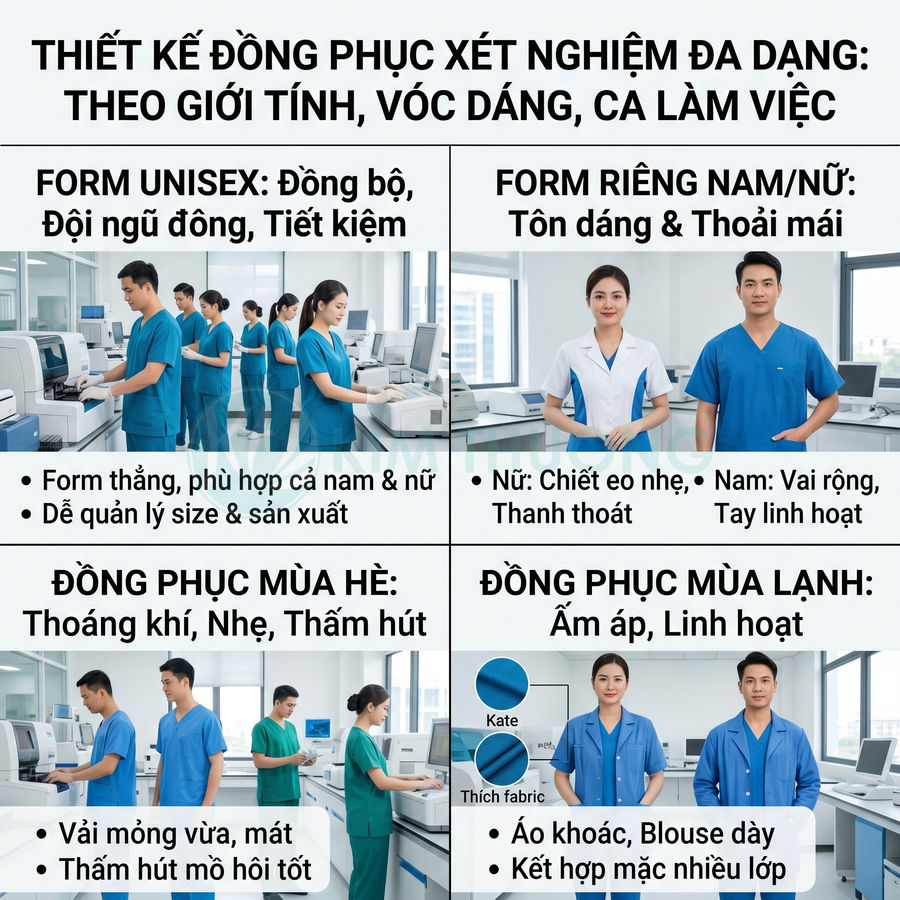 Đồng phục xét nghiệm y khoa nam nữ đa dạng form dáng, chất liệu cho mùa hè và mùa lạnh trong phòng lab hiện đại