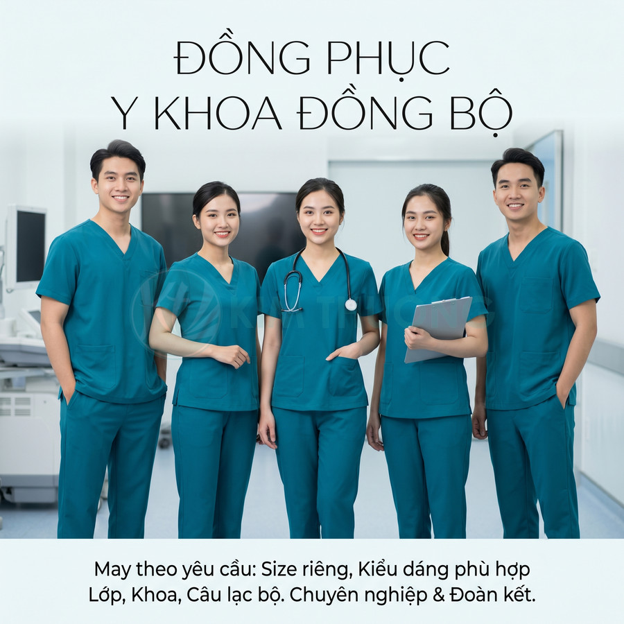 Nhóm sinh viên y khoa mặc đồng phục scrub xanh đồng bộ trong phòng khám hiện đại