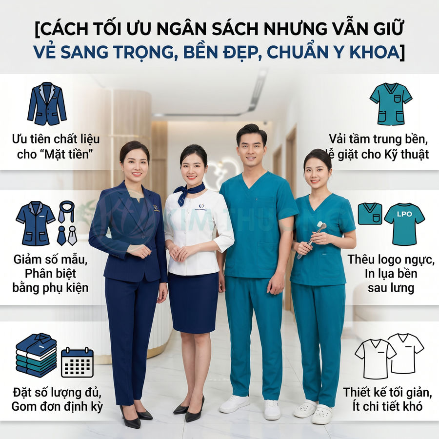 Nhân viên y tế mặc đồng phục bệnh viện cao cấp màu xanh và trắng đứng trong hành lang sang trọng