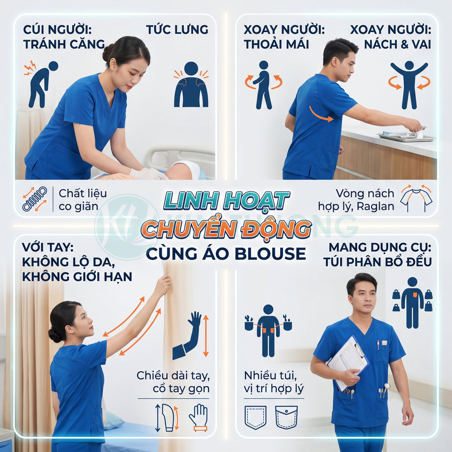Nhân viên y tế mặc áo blouse xanh co giãn, nhiều túi tiện dụng, dễ dàng cúi người xoay người và với tay linh hoạt