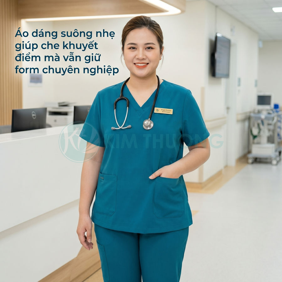Đồng phục y tá màu xanh cổ tim V có túi trước, chất liệu đứng form, phù hợp môi trường bệnh viện