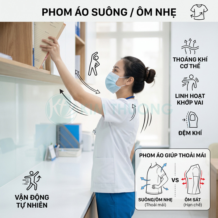 Đồng phục y tá phom suông ôm nhẹ, chất liệu thoáng khí, linh hoạt khi vận động trong phòng khám