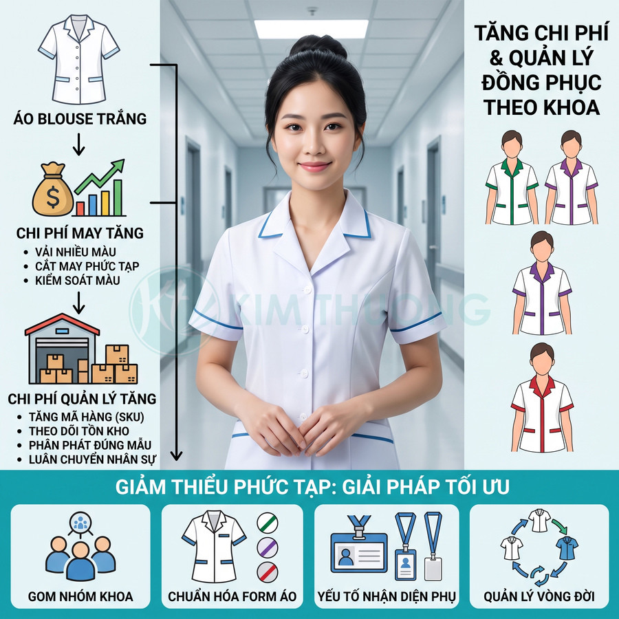 Nữ nhân viên y tế mặc áo blouse trắng viền xanh đứng trong hành lang bệnh viện, giới thiệu giải pháp đồng phục y tế