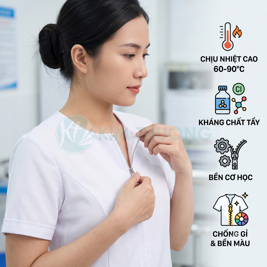 Đồng phục y tế nữ màu trắng khóa kéo trước, chất liệu chịu nhiệt, kháng chất tẩy, bền cơ học, chống gỉ và bền màu