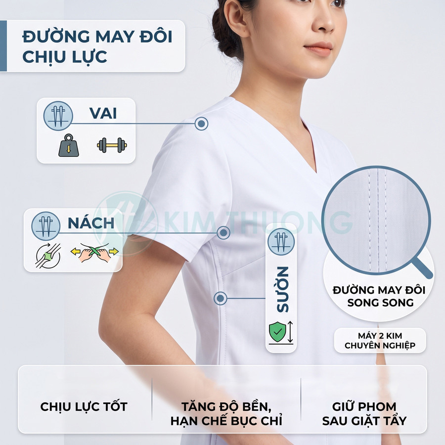 Đồng phục y tá nữ màu trắng với đường may đôi chịu lực ở vai, nách và sườn, giữ phom tốt sau giặt