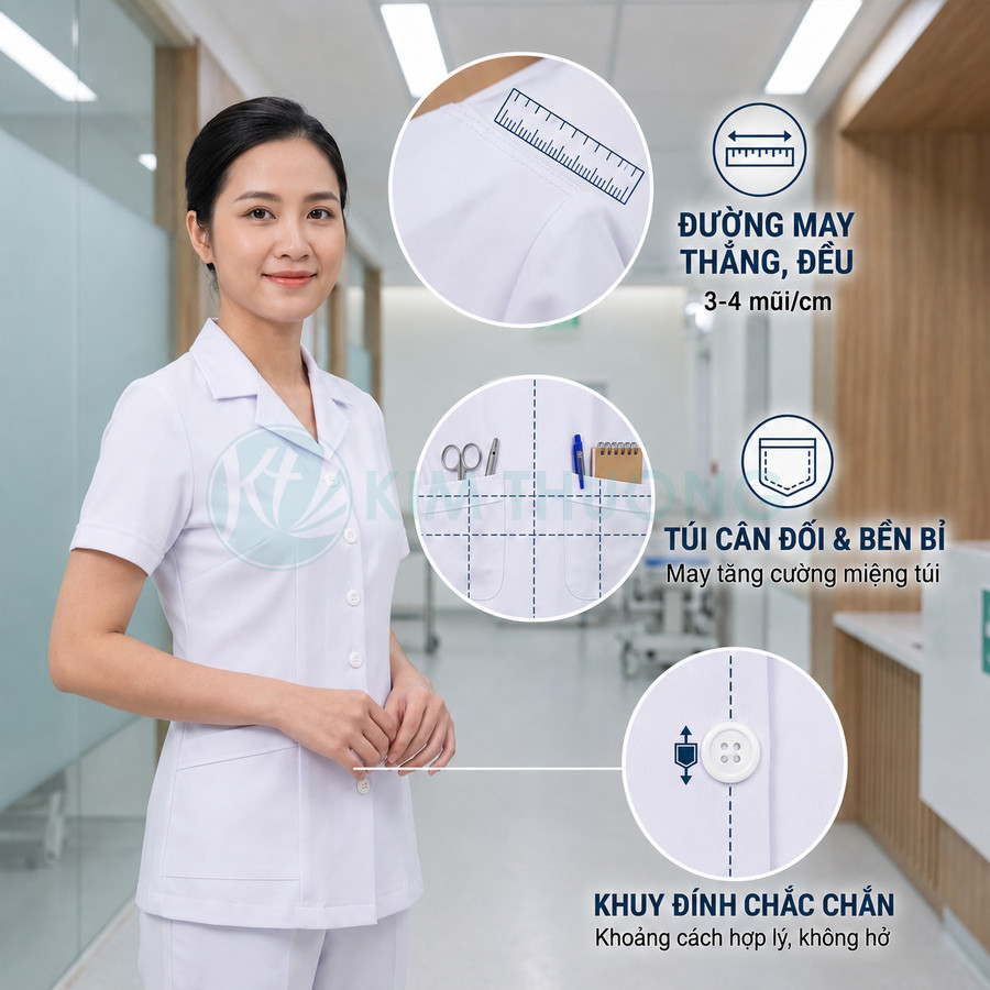 Đồng phục y tá nữ màu trắng tay ngắn với đường may thẳng, túi tiện dụng và khuy cài chắc chắn