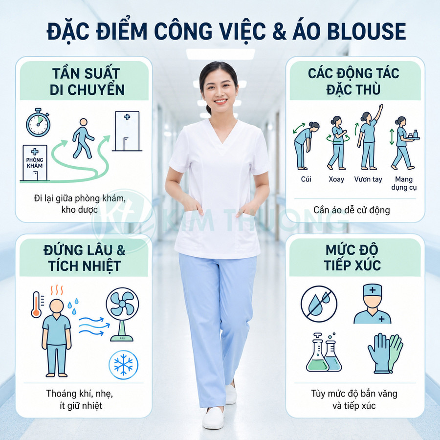 Nữ nhân viên y tế mặc áo blouse trắng quần xanh nhạt, giày trắng, đứng trong hành lang bệnh viện
