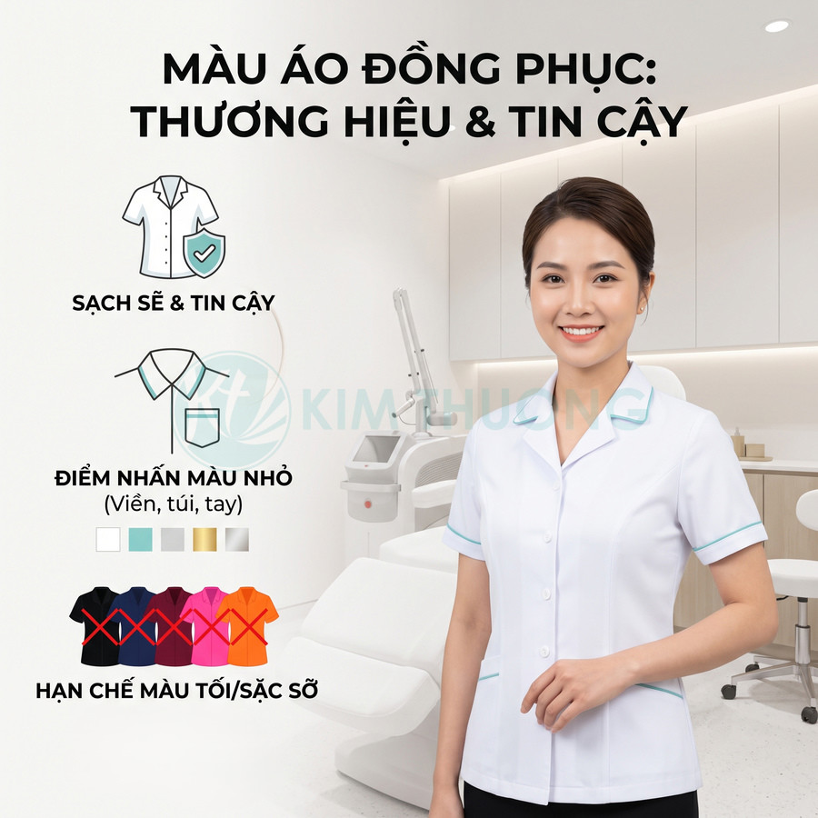 Nhân viên spa mặc áo đồng phục trắng viền xanh sạch sẽ trong phòng khám hiện đại