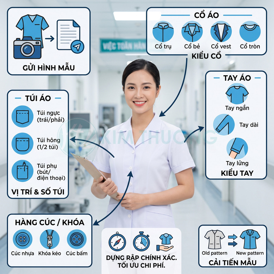Nữ y tá mặc đồng phục y tế trắng đứng trong bệnh viện, minh họa các tùy chọn thiết kế áo điều dưỡng