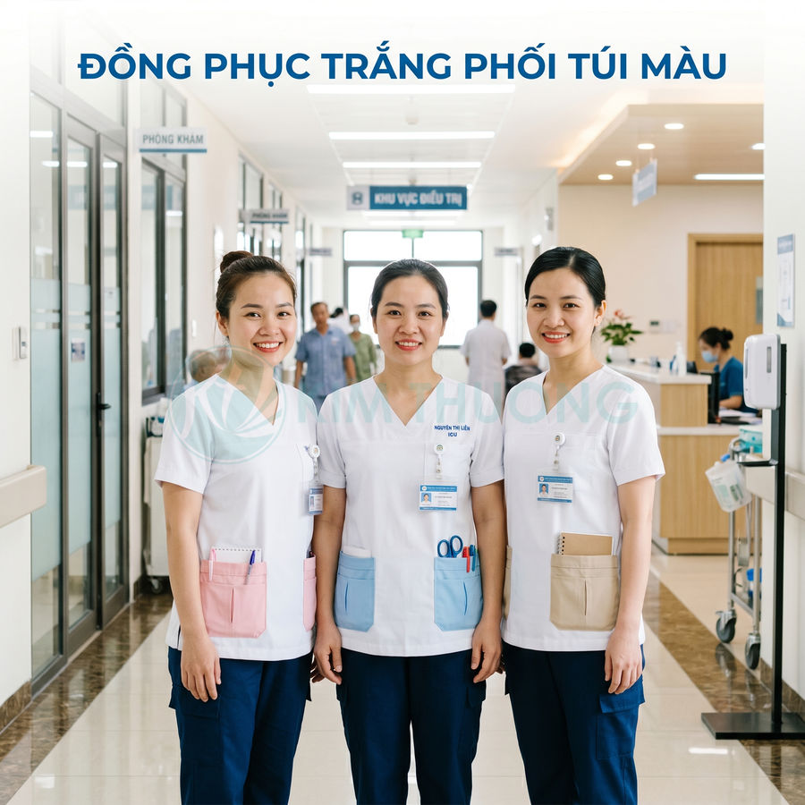 Đồng phục y tá áo trắng túi màu quần xanh navy trong bệnh viện hiện đại