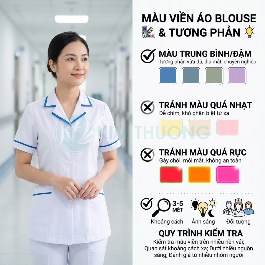 Nữ y tá mặc áo blouse trắng viền xanh dương đứng trong hành lang bệnh viện, minh họa chọn màu viền áo phù hợp