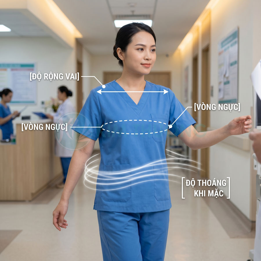 Đồng phục y tá màu xanh dương tay ngắn, thiết kế thoáng mát với chú thích độ rộng vai và vòng ngực