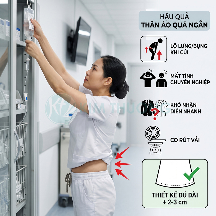 Đồng phục y tá thân áo quá ngắn làm lộ lưng bụng khi cúi, khuyến nghị thiết kế áo dài hơn 2 đến 3 cm