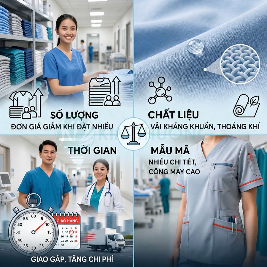 Đồng phục y tá bác sĩ màu xanh và xám, vải kháng khuẩn thoáng khí, nhiều mẫu mã, may đo chuyên nghiệp