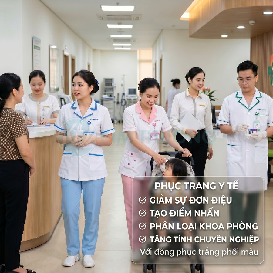 Nhân viên y tế mặc đồng phục trắng phối màu tư vấn và chăm sóc bệnh nhi trong hành lang bệnh viện