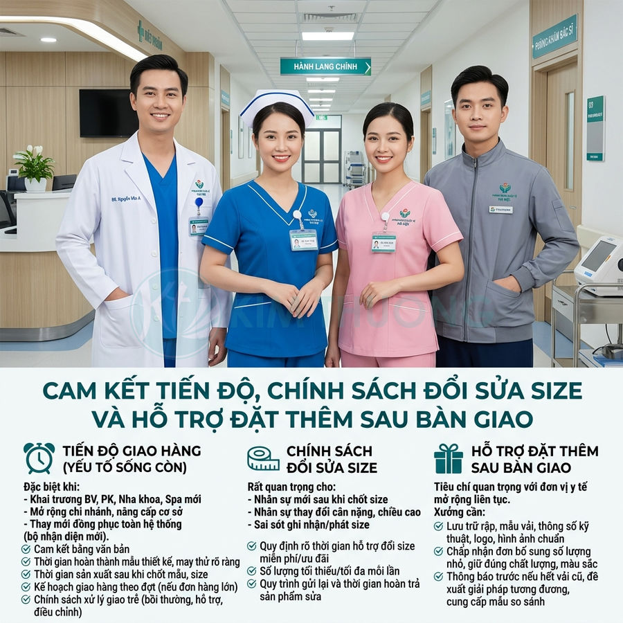 Nhân viên y tế mặc đồng phục bệnh viện đa dạng màu sắc đứng trong hành lang phòng khám hiện đại