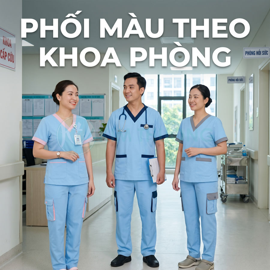Bộ đồng phục y tá bác sĩ màu xanh dương phối màu theo khoa phòng trong bệnh viện