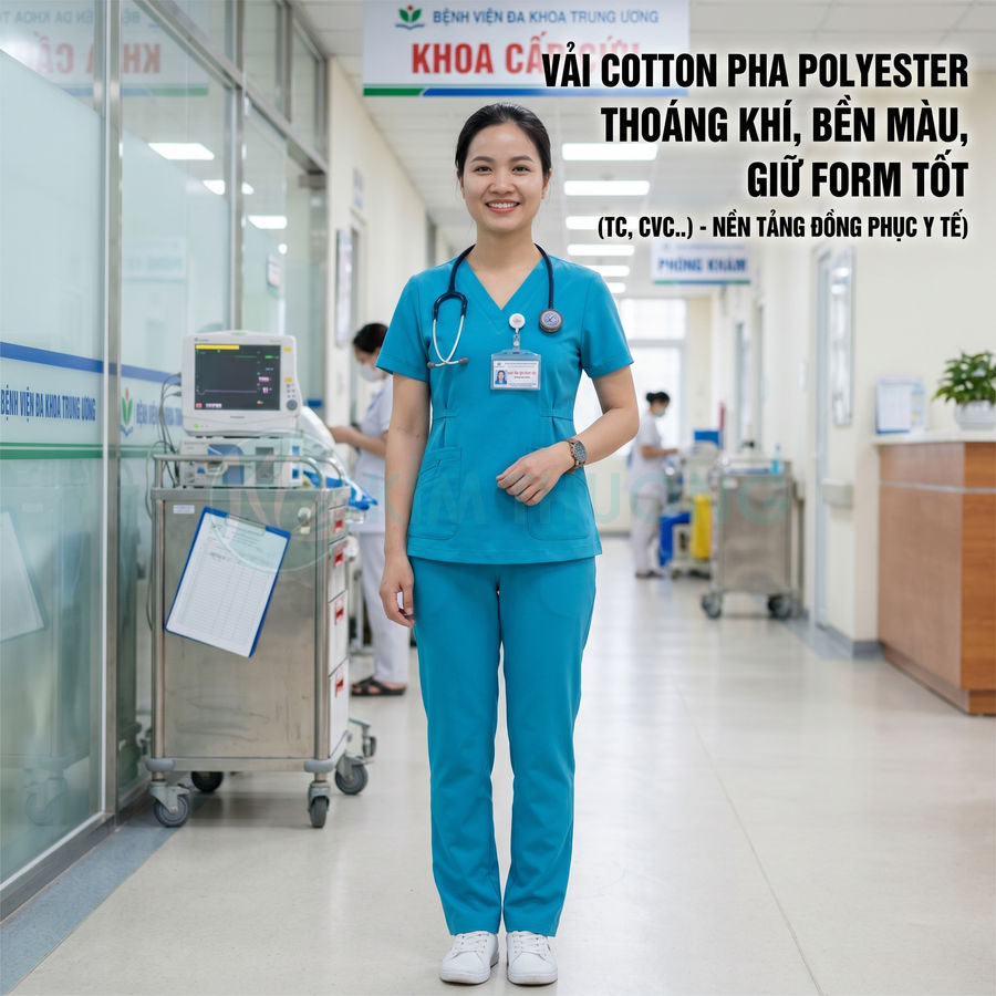 Nữ y tá mặc đồng phục y tế màu xanh chất liệu cotton pha polyester thoáng khí trong hành lang bệnh viện
