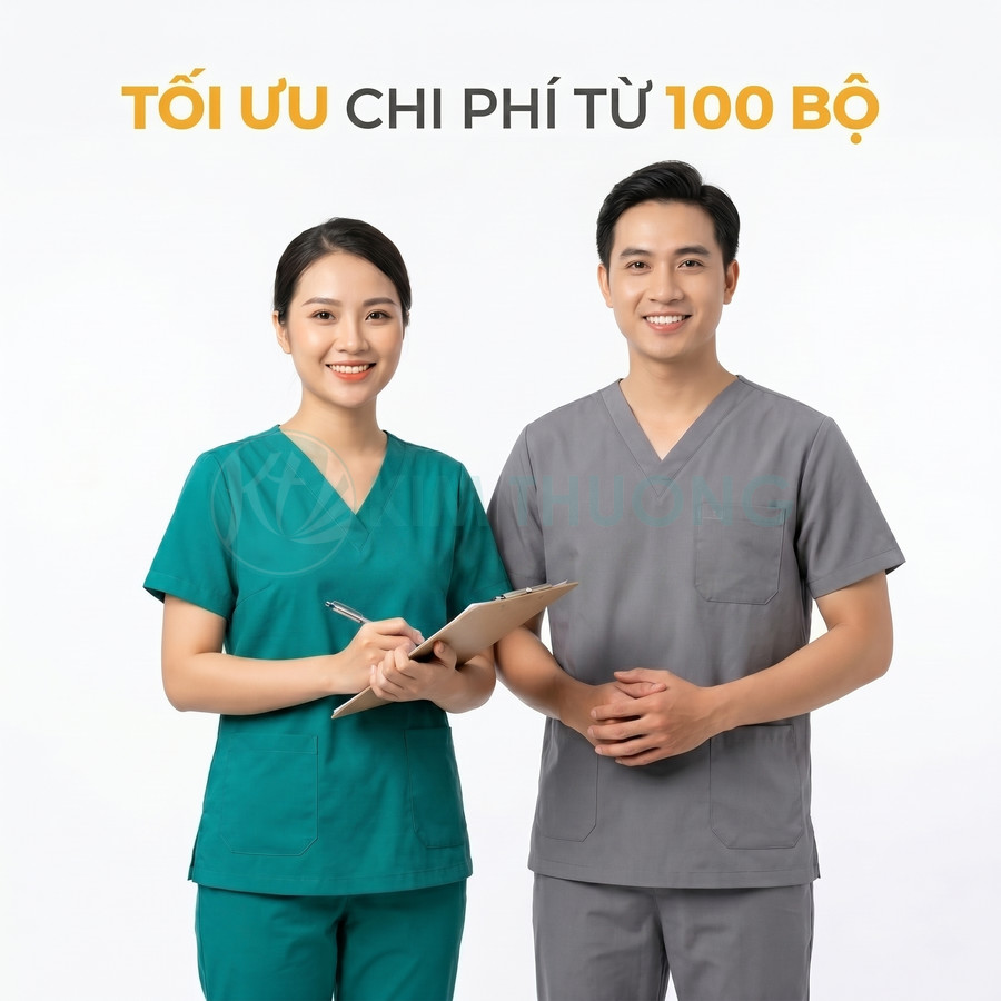 Đồng phục y tá màu xanh và xám tay ngắn cổ tim cho nam nữ đứng mỉm cười