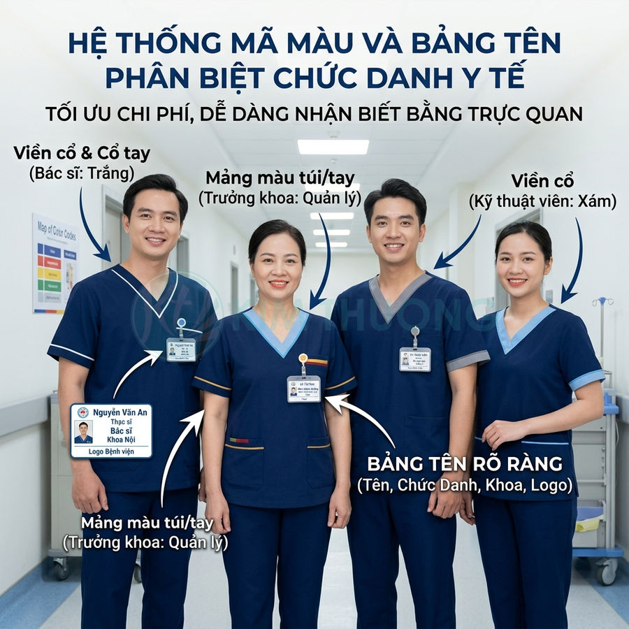 Đồng phục y tá bác sĩ màu xanh navy có viền cổ tay phân biệt chức danh và bảng tên rõ ràng trong bệnh viện