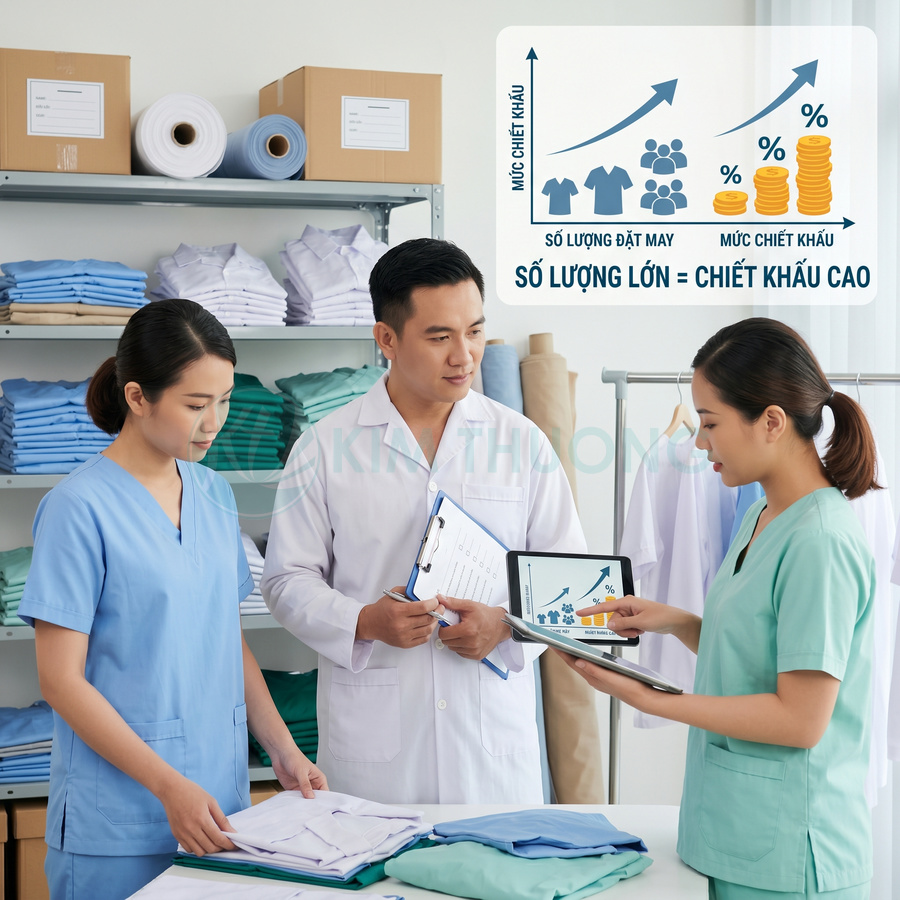 Nhân viên y tế trao đổi về đơn đặt may đồng phục bệnh viện số lượng lớn để nhận chiết khấu cao