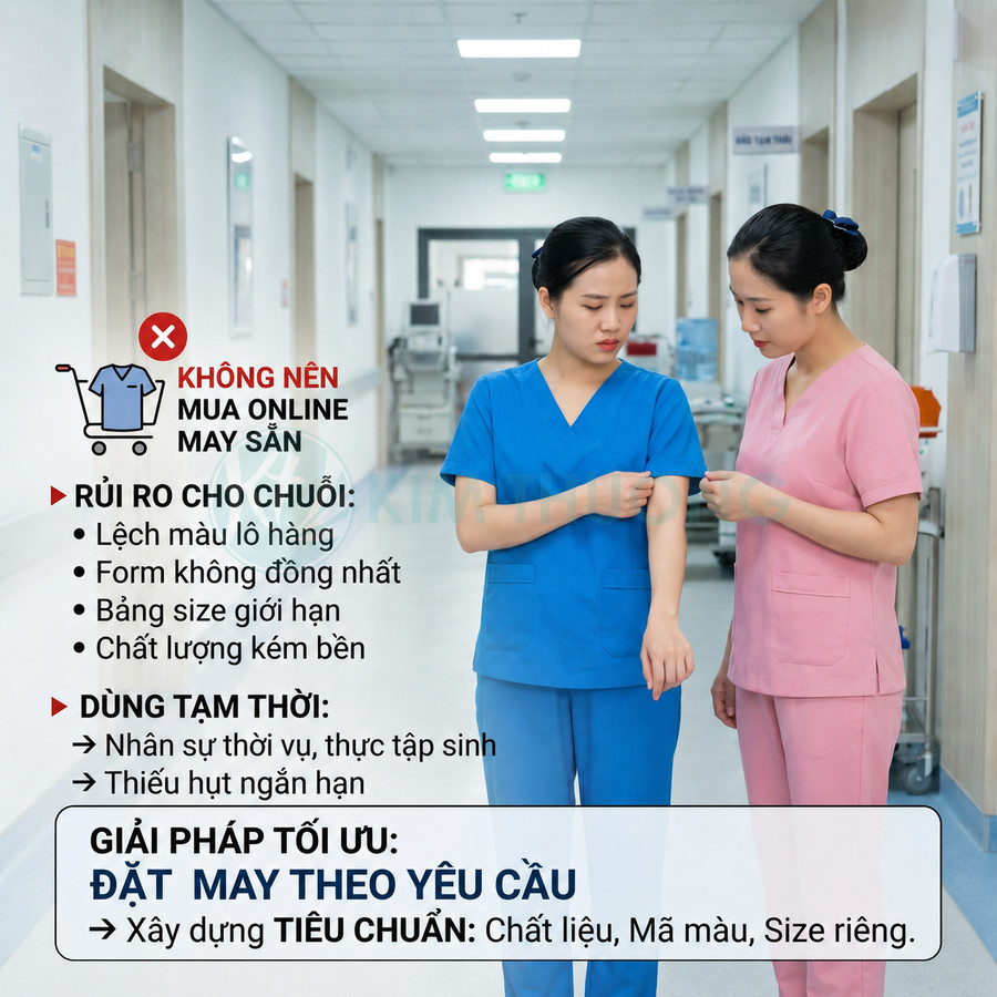 Đồng phục y tá màu xanh và hồng trong bệnh viện, quảng cáo dịch vụ đặt may theo yêu cầu