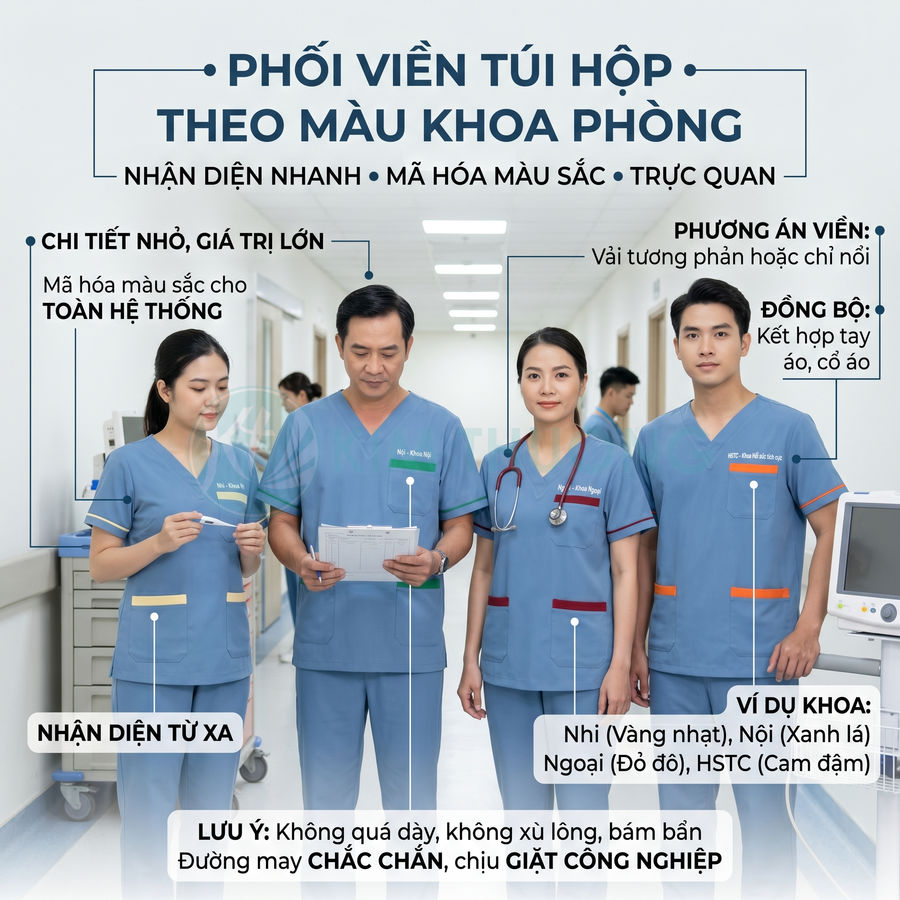 Đồng phục y tá bác sĩ màu xanh phối viền túi nhiều màu theo khoa phòng trong bệnh viện
