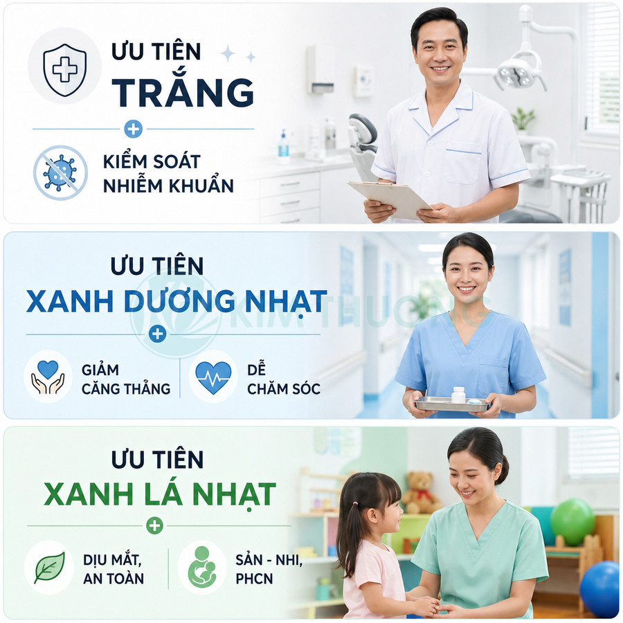 Bộ đồng phục y tế màu trắng, xanh dương nhạt và xanh lá nhạt cho bác sĩ, y tá và điều dưỡng trong bệnh viện