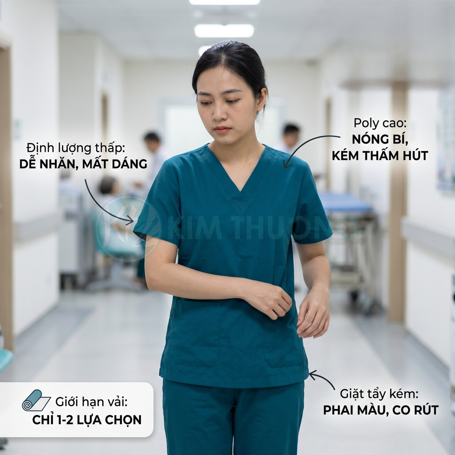 Nữ nhân viên y tế mặc bộ đồng phục scrub màu xanh đậm đứng trong hành lang bệnh viện