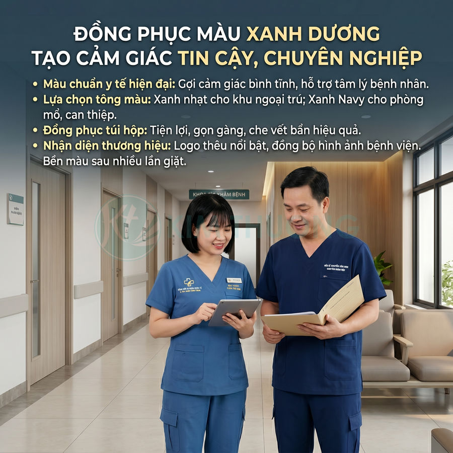 Đồng phục y tá bác sĩ màu xanh dương hiện đại trong hành lang bệnh viện, thiết kế nhiều túi tiện lợi