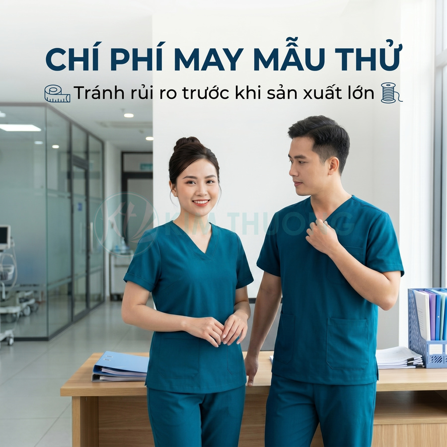 Đồng phục y tá bác sĩ màu xanh cổ tim cho nam nữ đứng trong phòng khám hiện đại