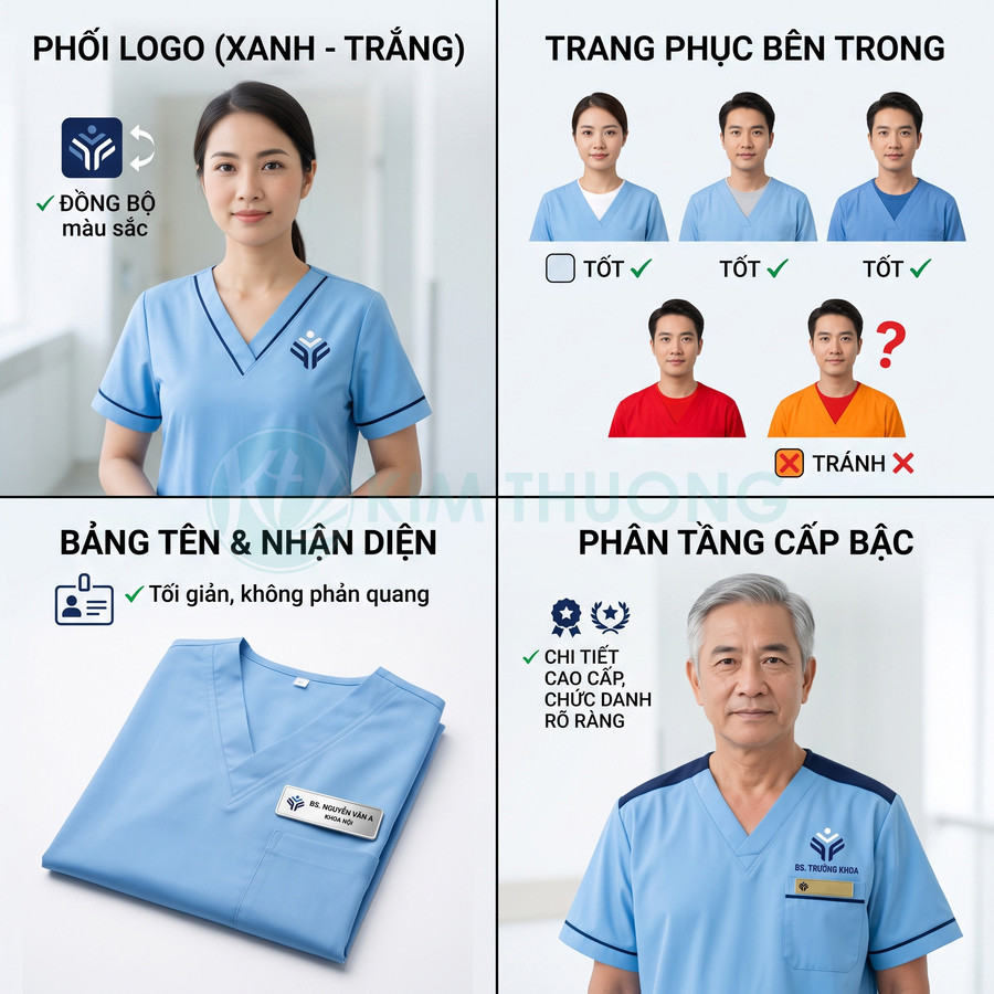 Đồng phục y tá bác sĩ màu xanh logo xanh trắng, bảng tên đơn giản, hướng dẫn phối trang phục và phân tầng cấp bậc