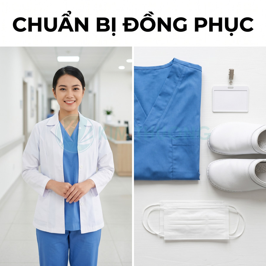 Đồng phục y tá màu xanh kèm áo blouse trắng, giày y tế, thẻ tên và khẩu trang trắng