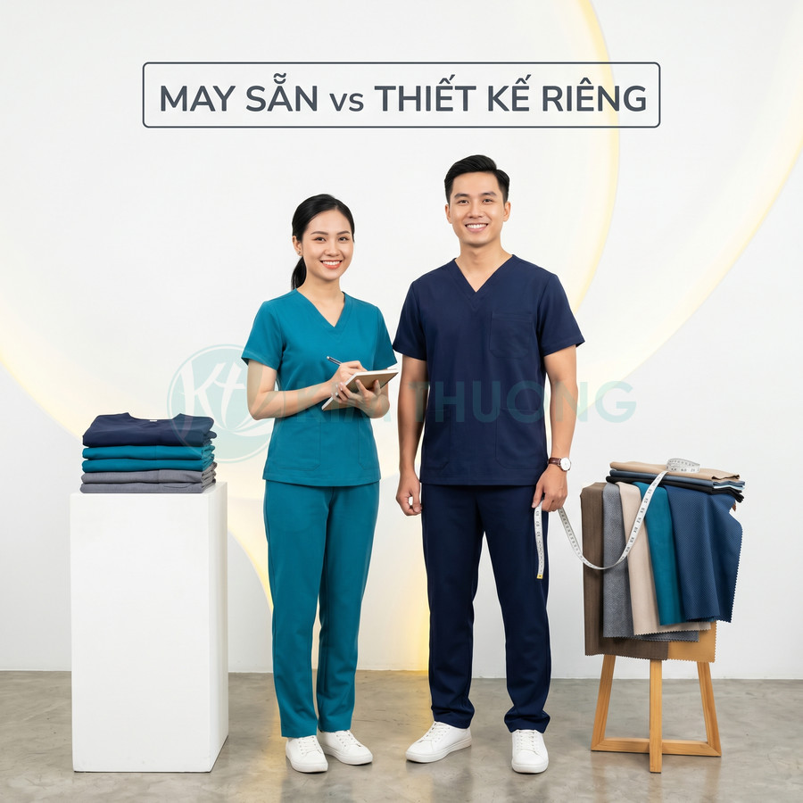 Đồng phục y tá bác sĩ màu xanh dương và xanh ngọc, trưng bày cùng vải mẫu và thước dây may đo