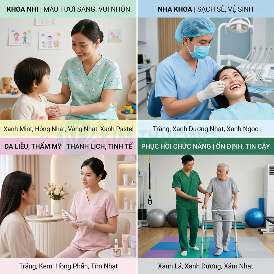 Đồng phục y tá bệnh viện nhiều khoa với màu sắc khác nhau cho nhi, nha khoa, da liễu và phục hồi chức năng