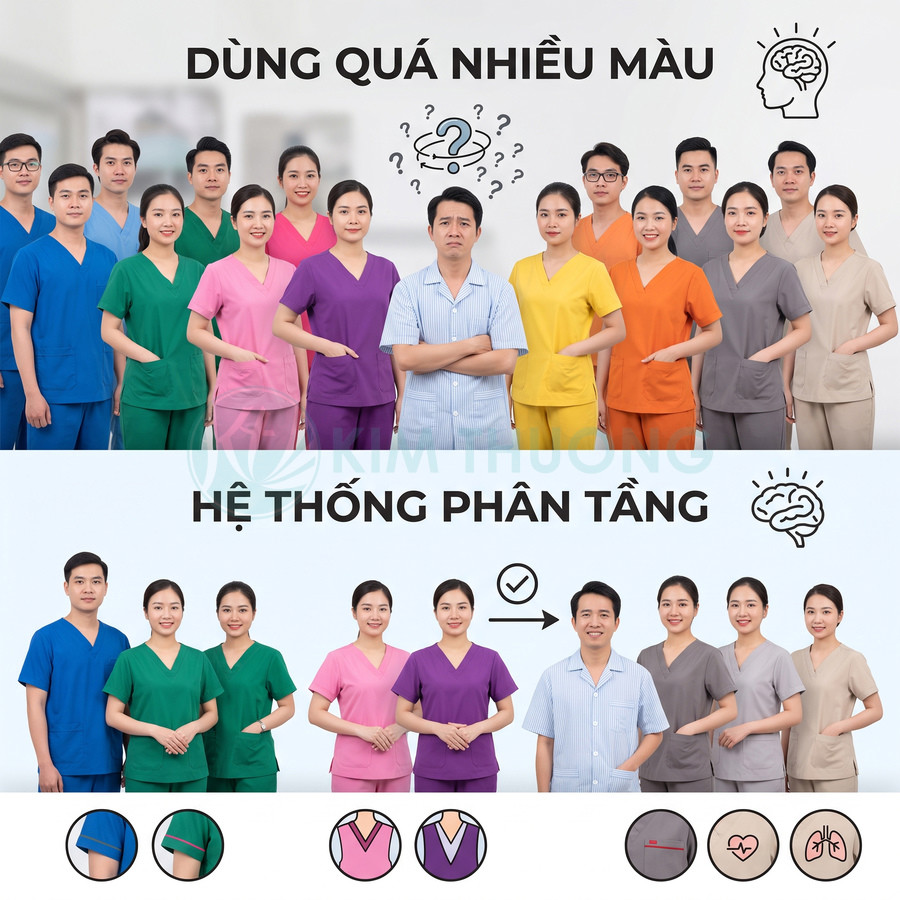 Nhân viên y tế mặc đồng phục bệnh viện nhiều màu sắc và hệ thống phân tầng màu áo rõ ràng