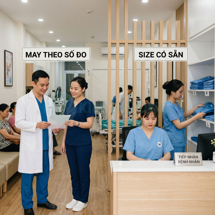 Nhân viên y tế mặc đồng phục bệnh viện màu xanh, tư vấn và chọn size áo quần y khoa trong phòng khám