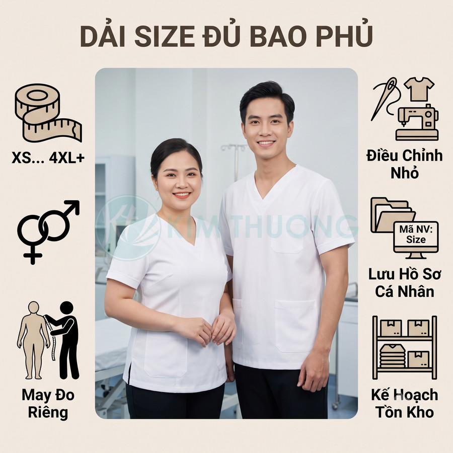 Đồng phục y tá nam nữ màu trắng cổ tim, đủ size từ XS đến 4XL, may đo riêng và điều chỉnh theo số đo