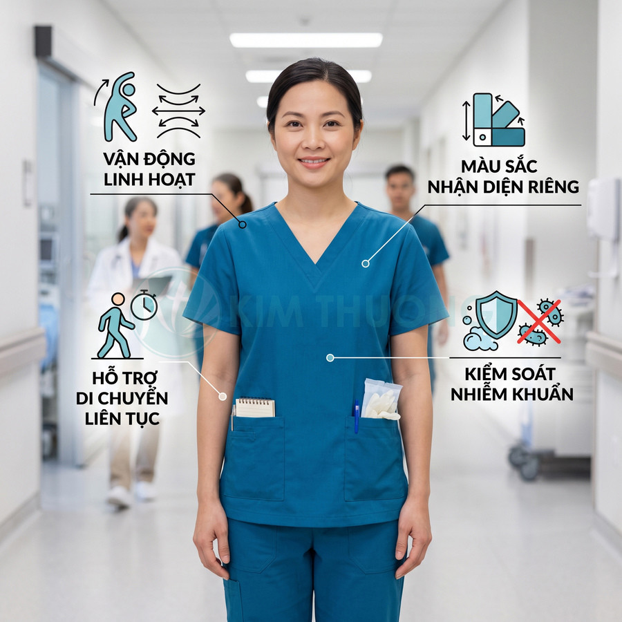 Đồng phục y tá màu xanh dương với nhiều túi tiện dụng, hỗ trợ vận động linh hoạt và kiểm soát nhiễm khuẩn trong bệnh viện