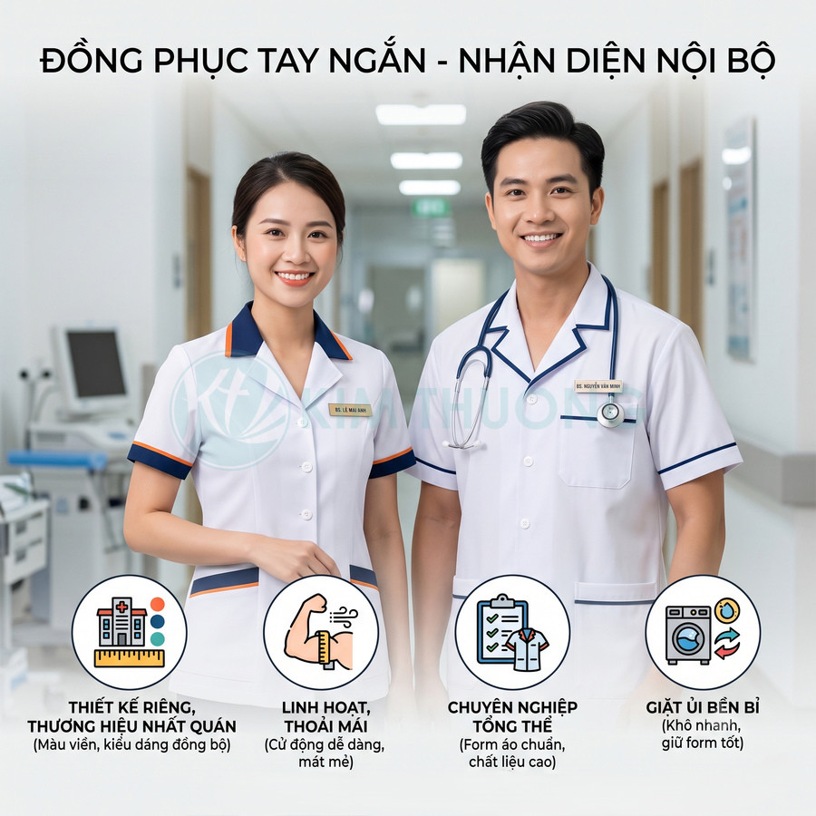 Đồng phục y tá bác sĩ tay ngắn màu trắng viền xanh cam, thiết kế chuyên nghiệp cho bệnh viện phòng khám