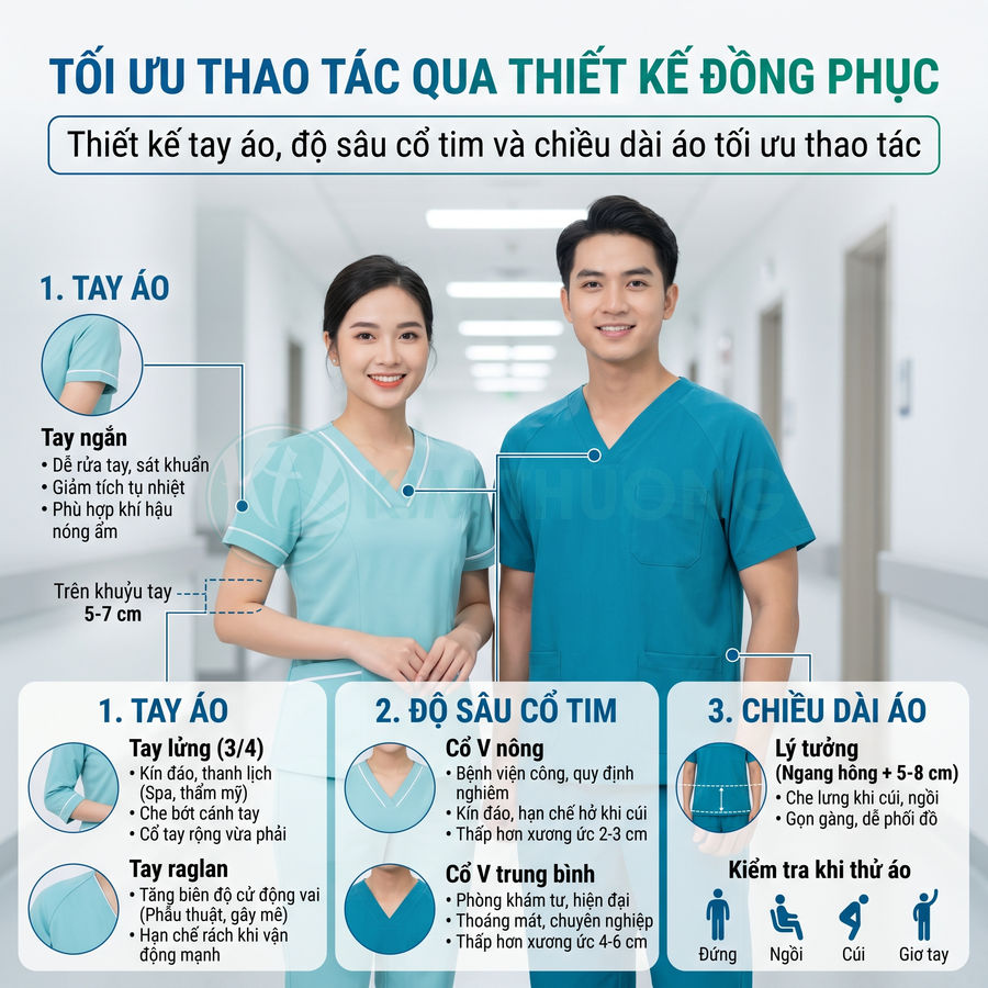 Đồng phục y tá và bác sĩ màu xanh cổ tim tối ưu thao tác trong bệnh viện