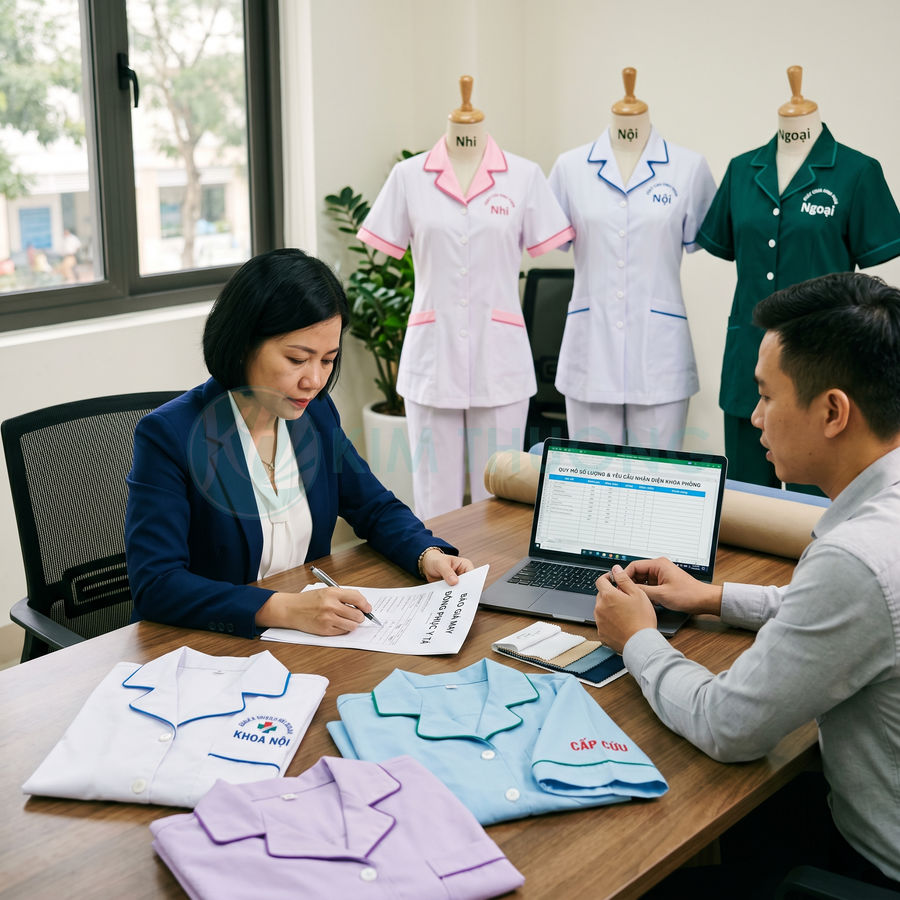 Nhân viên làm việc với khách hàng về mẫu đồng phục y tá bệnh viện bày trên bàn và trưng bày trên mannequin