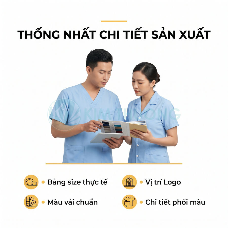Hai nhân viên mặc đồng phục y tế màu xanh đang xem bảng màu vải và tài liệu thiết kế sản xuất