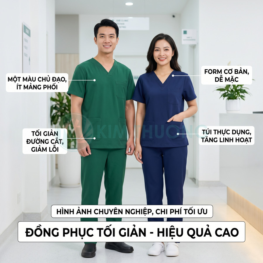 Đồng phục y tế nam màu xanh lá và nữ màu xanh navy thiết kế tối giản, có túi tiện dụng, form cơ bản dễ mặc