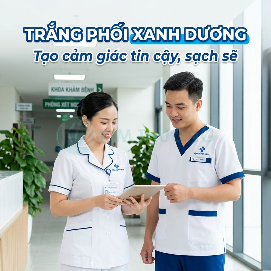 Đồng phục y tá bác sĩ màu trắng phối xanh dương tạo cảm giác tin cậy sạch sẽ trong bệnh viện