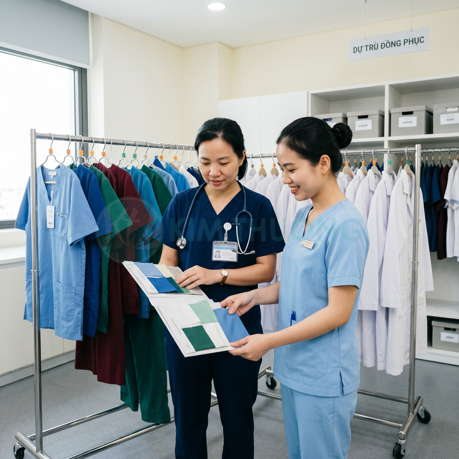 Nhân viên y tế chọn mẫu vải cho đồng phục bệnh viện trước giá treo áo blouse và đồ scrub nhiều màu