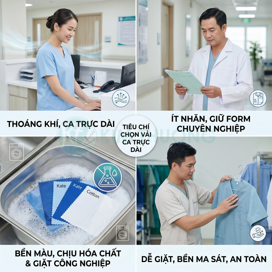 Đồng phục y tá bác sĩ màu xanh chất liệu Kate Cotton thoáng khí ít nhăn bền màu dễ giặt cho ca trực dài