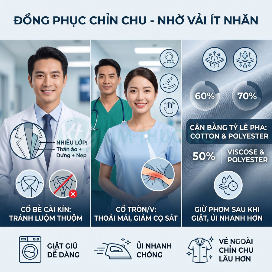 Đồng phục y tế vải ít nhăn cho bác sĩ và y tá, cổ tròn và cổ bẻ kín, dễ giặt ủi, giữ phom lâu, chất liệu cotton polyester